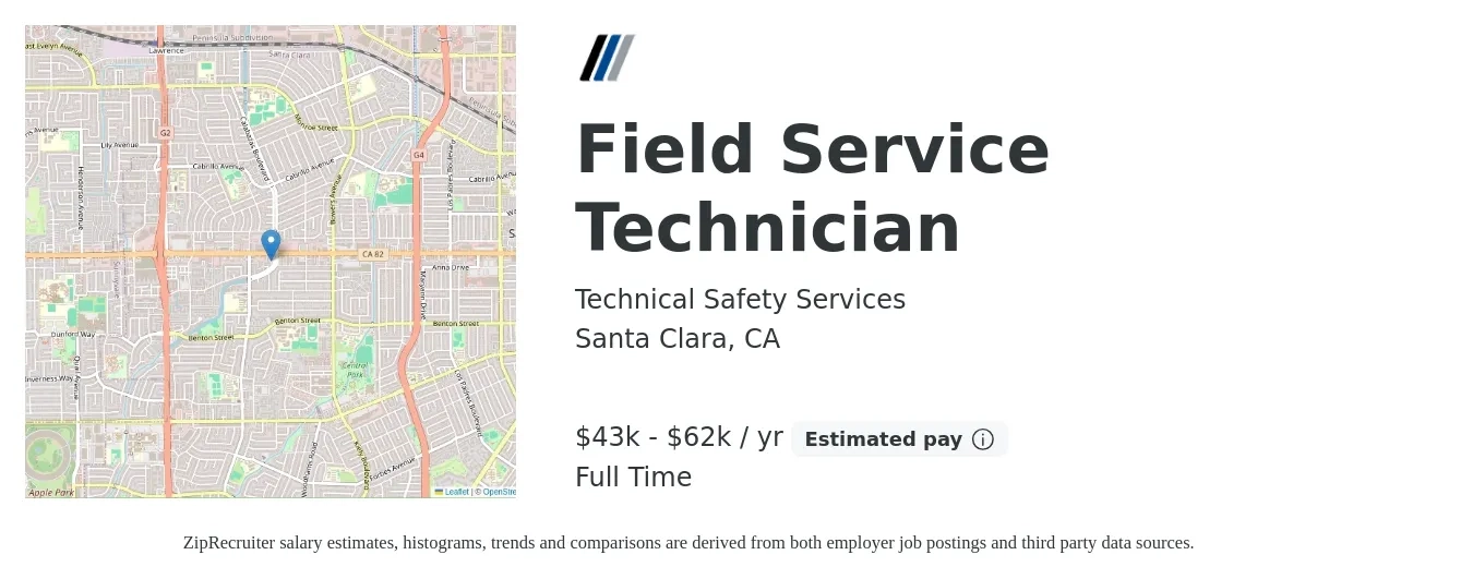 Technical Safety Services job posting for a Field Service Technician in Santa Clara, CA with a salary of $43,680 to $62,400 Yearly with a map of Santa Clara location.
