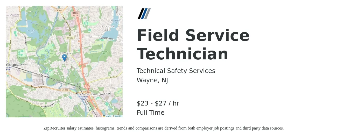 Technical Safety Services job posting for a Field Service Technician in Wayne, NJ with a salary of $50,000 to $60,000 Yearly with a map of Wayne location.