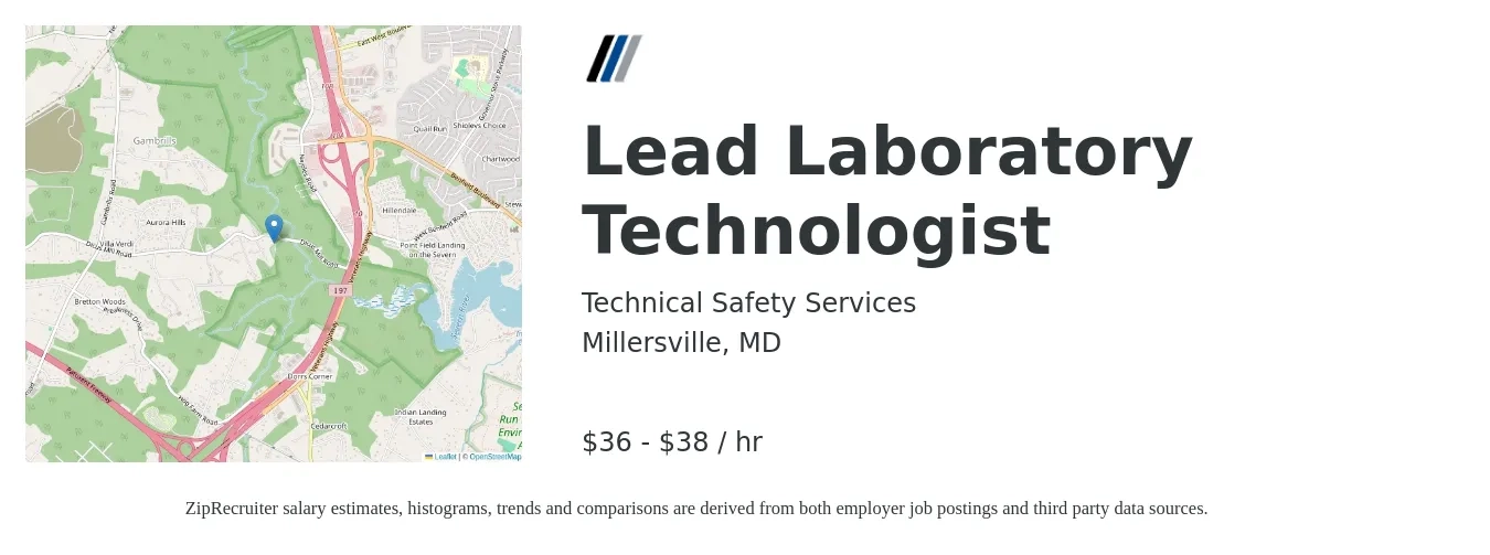 Technical Safety Services job posting for a Lead Laboratory Technologist in Millersville, MD with a salary of $79,000 to $83,200 Yearly with a map of Millersville location.