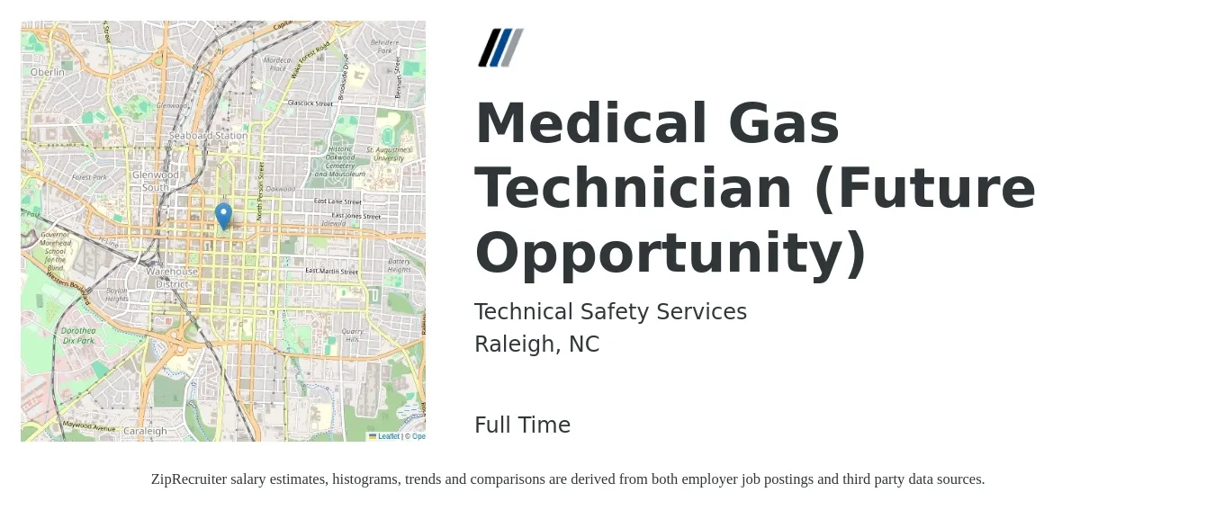 Technical Safety Services job posting for a Medical Gas Technician (Future Opportunity) in Raleigh, NC with a salary of $37,400 to $47,100 Yearly with a map of Raleigh location.