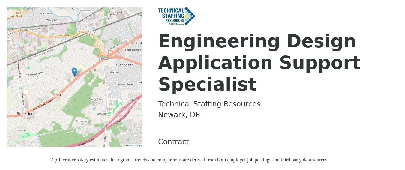 Technical Staffing Resources job posting for a Engineering Design Application Support Specialist in Newark, DE with a salary of $52,800 to $83,100 Yearly with a map of Newark location.