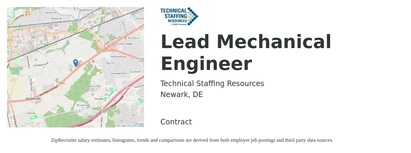 Technical Staffing Resources job posting for a Lead Mechanical Engineer in Newark, DE with a salary of $108,000 to $130,500 Yearly with a map of Newark location.