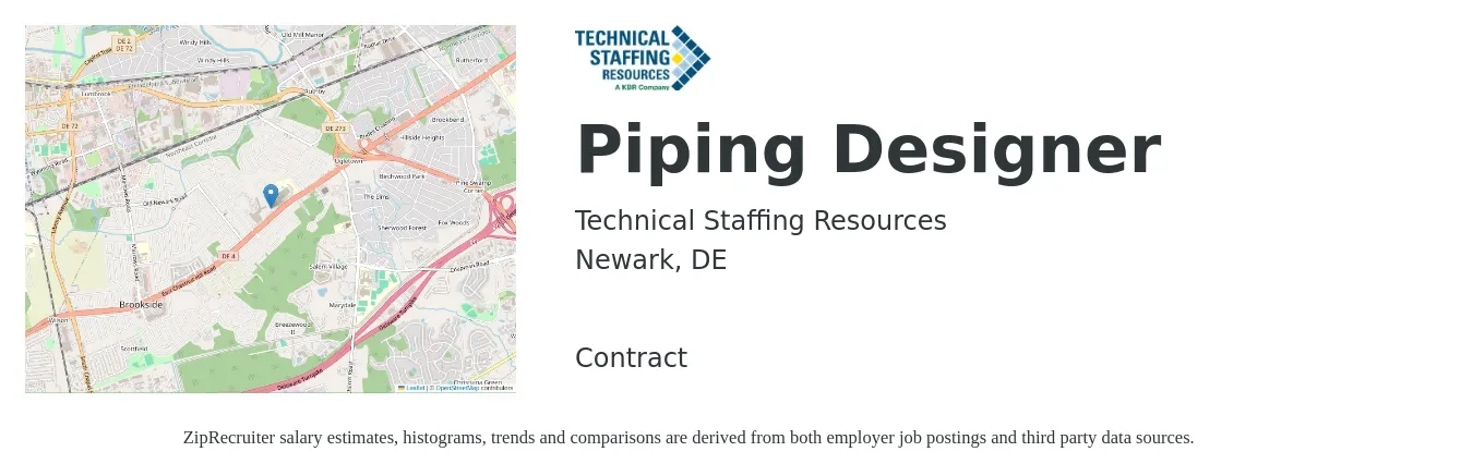Technical Staffing Resources job posting for a Piping Designer in Newark, DE with a salary of $43 to $62 Hourly with a map of Newark location.