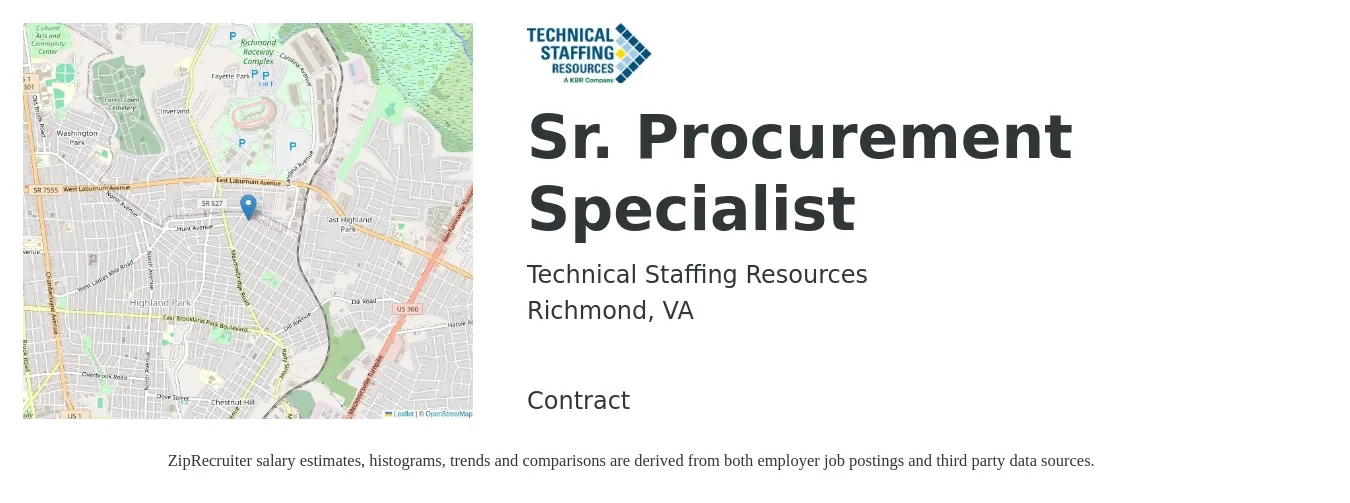 Technical Staffing Resources job posting for a Sr. Procurement Specialist in Richmond, VA with a salary of $69,300 to $98,000 Yearly with a map of Richmond location.