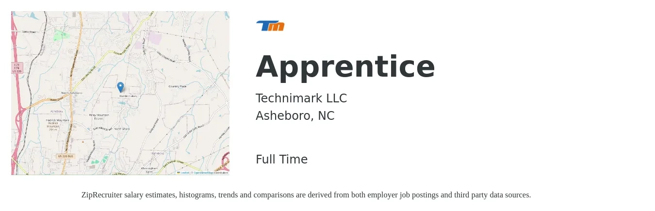 Technimark LLC job posting for a Apprentice in Asheboro, NC with a salary of $16 to $20 Hourly with a map of Asheboro location.