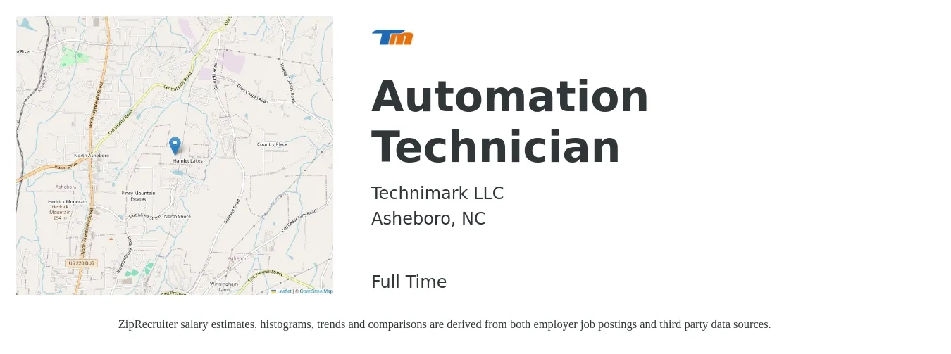 Technimark LLC job posting for a Automation Technician in Asheboro, NC with a salary of $38,000 Yearly with a map of Asheboro location.