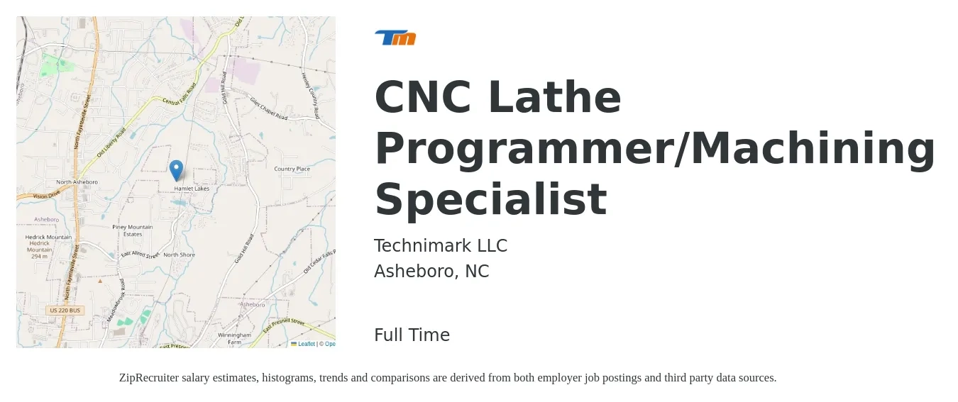 Technimark LLC job posting for a CNC Lathe Programmer/Machining Specialist in Asheboro, NC with a salary of $23 to $32 Hourly with a map of Asheboro location.