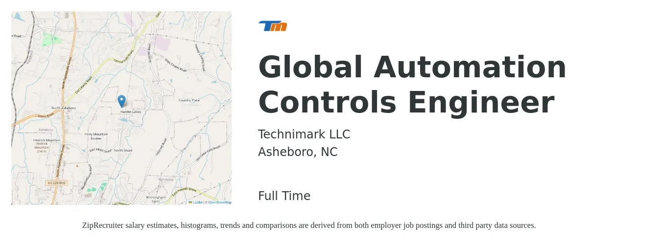 Technimark LLC job posting for a Global Automation Controls Engineer in Asheboro, NC with a salary of $75,600 to $100,000 Yearly with a map of Asheboro location.