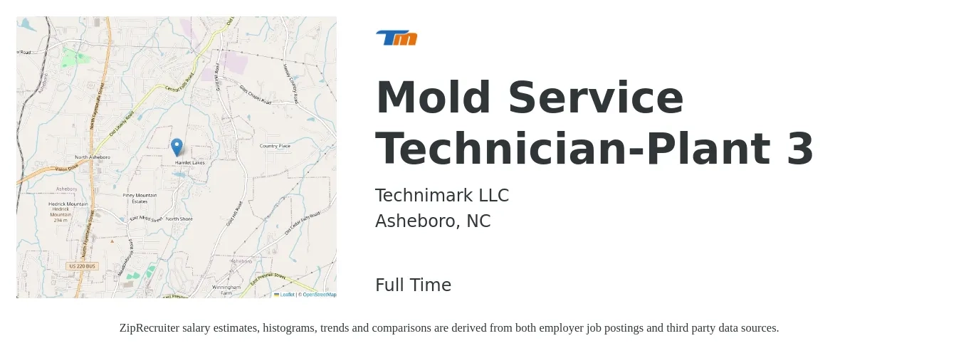 Technimark LLC job posting for a Mold Service Technician-Plant 3 in Asheboro, NC with a salary of $18 to $24 Hourly with a map of Asheboro location.