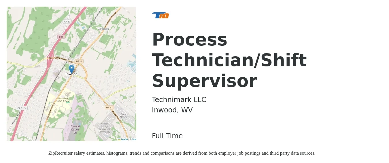 Technimark LLC job posting for a Process Technician/Shift Supervisor in Inwood, WV with a salary of $19 to $28 Hourly with a map of Inwood location.