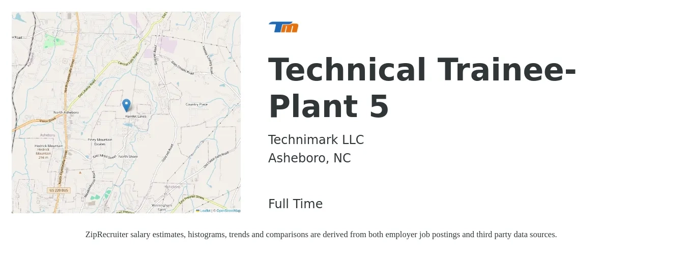 Technimark LLC job posting for a Technical Trainee-Plant 5 in Asheboro, NC with a map of Asheboro location.