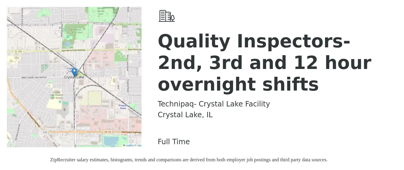Technipaq- Crystal Lake Facility job posting for a Quality Inspectors-2nd, 3rd and 12 hour overnight shifts in Crystal Lake, IL with a salary of $17 to $20 Hourly with a map of Crystal Lake location.