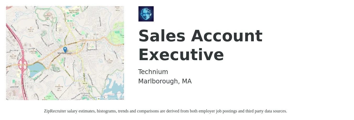 Technium job posting for a Sales Account Executive in Marlborough, MA with a salary of $55,500 to $87,100 Yearly with a map of Marlborough location.