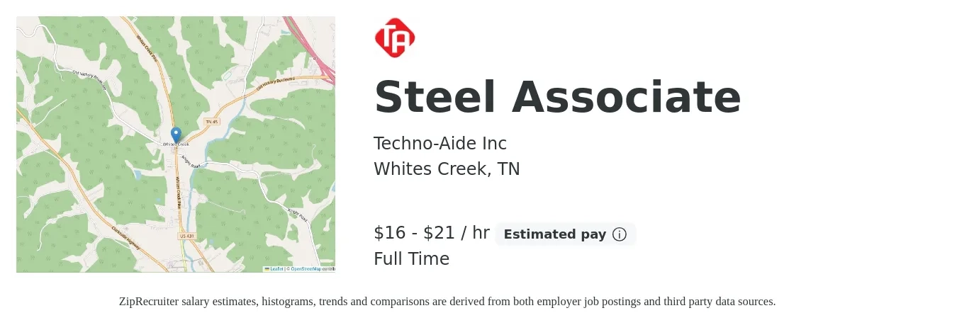 Techno-Aide Inc job posting for a Steel Associate in Whites Creek, TN with a salary of $17 to $22 Hourly with a map of Whites Creek location.