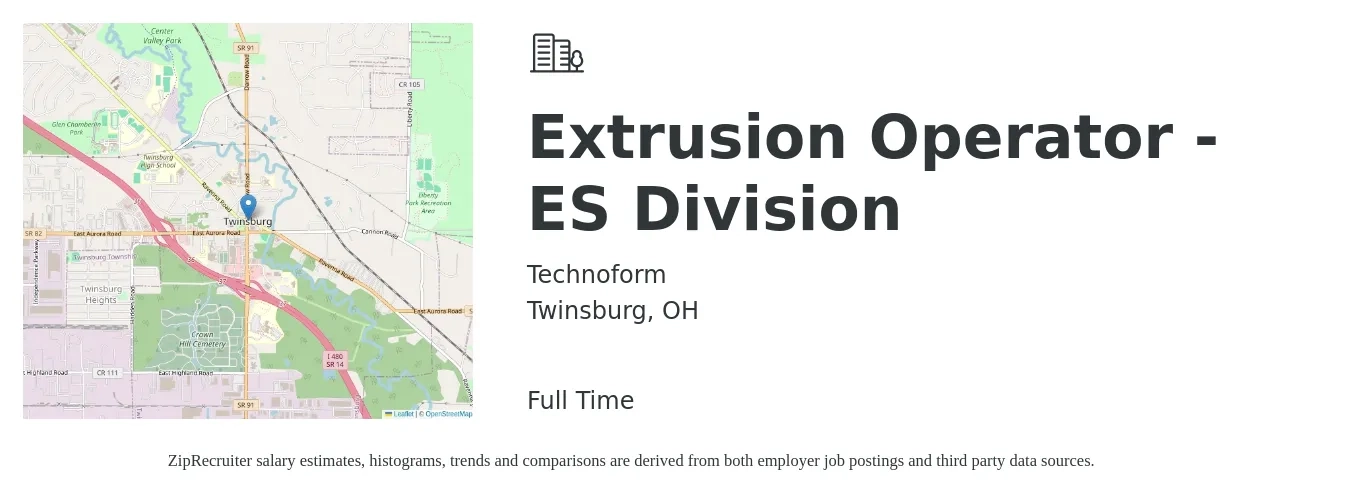 Technoform job posting for a Extrusion Operator - ES Division in Twinsburg, OH with a salary of $19 to $24 Hourly with a map of Twinsburg location.