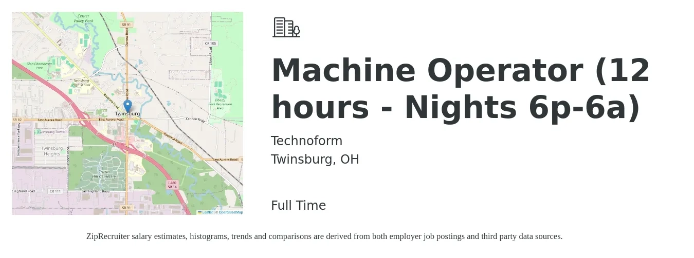 Technoform job posting for a Machine Operator (12 hours - Nights 6p-6a) in Twinsburg, OH with a salary of $17 to $20 Hourly with a map of Twinsburg location.