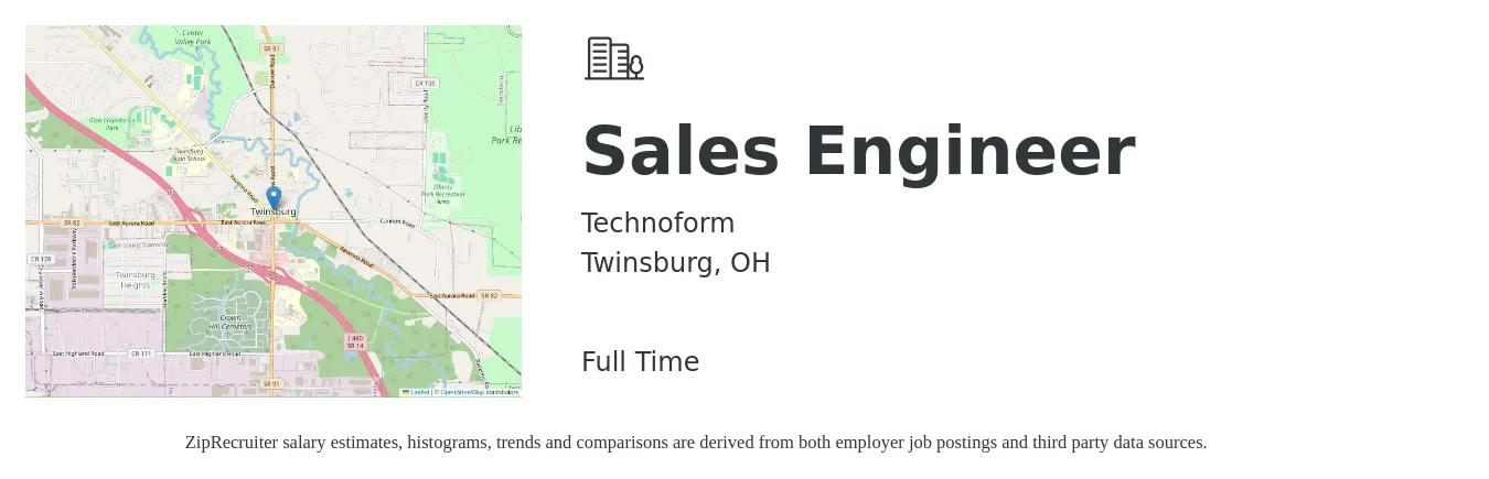 Technoform job posting for a Sales Engineer in Twinsburg, OH with a salary of $70,500 to $105,700 Yearly with a map of Twinsburg location.