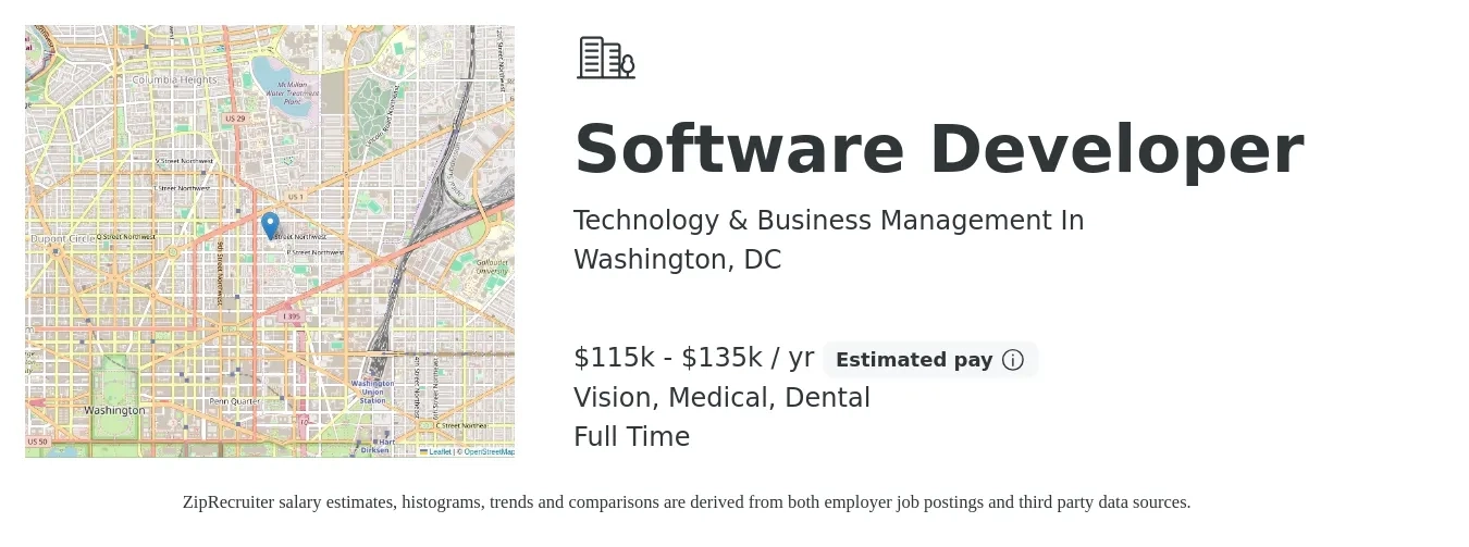 Technology & Business Management In job posting for a Software Developer in Washington, DC with a salary of $115,000 to $135,000 Yearly and benefits including pto, retirement, vision, dental, life_insurance, and medical with a map of Washington location.
