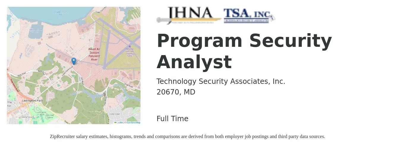 Technology Security Associates, Inc. job posting for a Program Security Analyst in 20670, MD with a salary of $89,000 to $126,500 Yearly with a map of 20670 location.