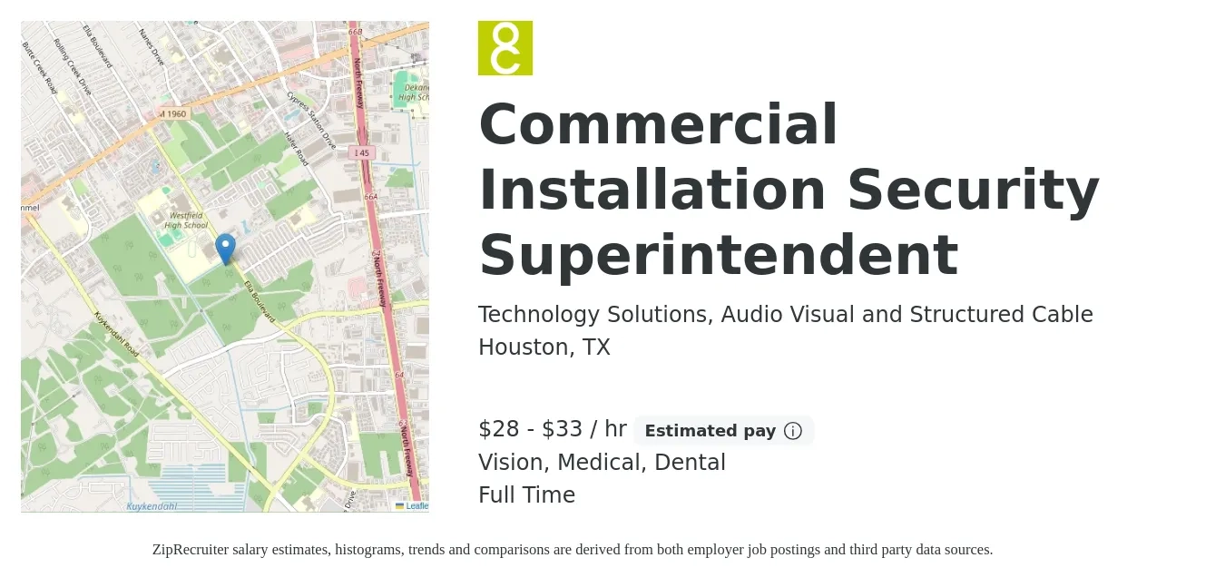 Technology Solutions, Audio Visual and Structured Cable job posting for a Commercial Installation Security Superintendent in Houston, TX with a salary of $30 to $35 Hourly and benefits including retirement, vision, dental, and medical with a map of Houston location.