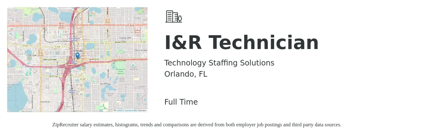 Technology Staffing Solutions job posting for a I&R Technician in Orlando, FL with a salary of $22 Hourly with a map of Orlando location.