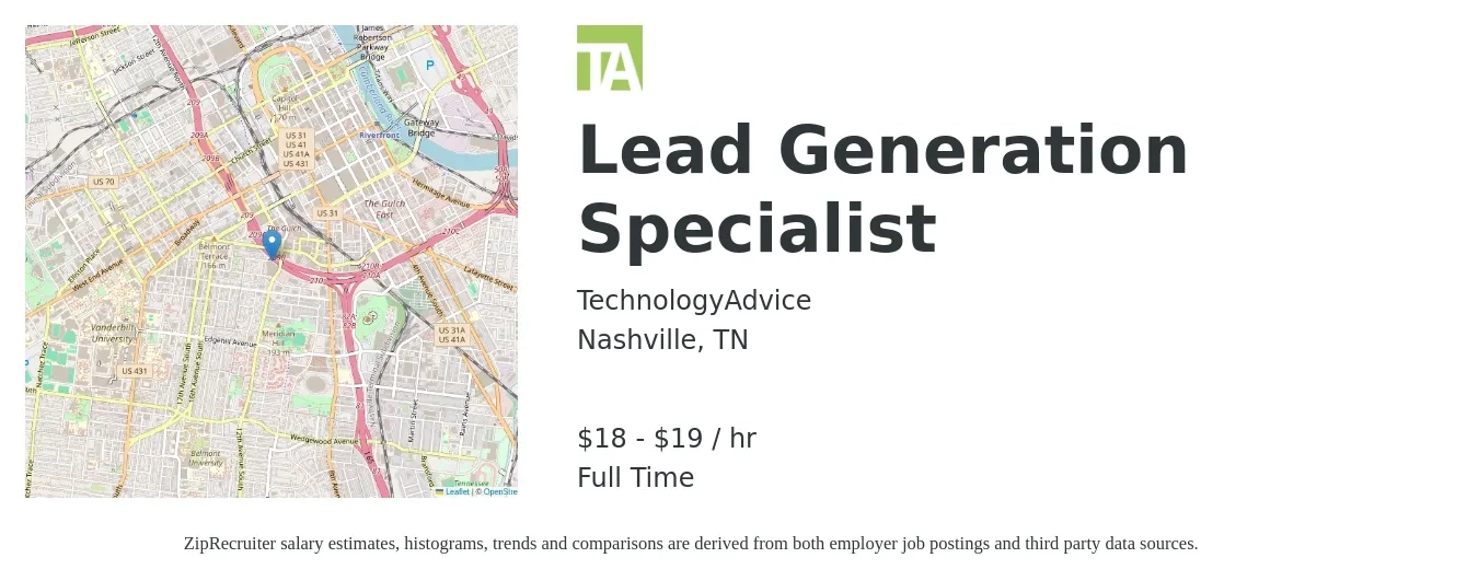 TechnologyAdvice job posting for a Lead Generation Specialist in Nashville, TN with a salary of $19 to $20 Hourly with a map of Nashville location.