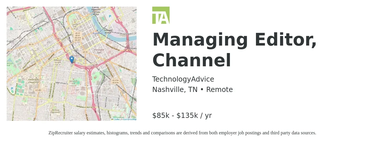 TechnologyAdvice job posting for a Managing Editor, Channel in Nashville, TN with a salary of $85,000 to $135,000 Yearly with a map of Nashville location.