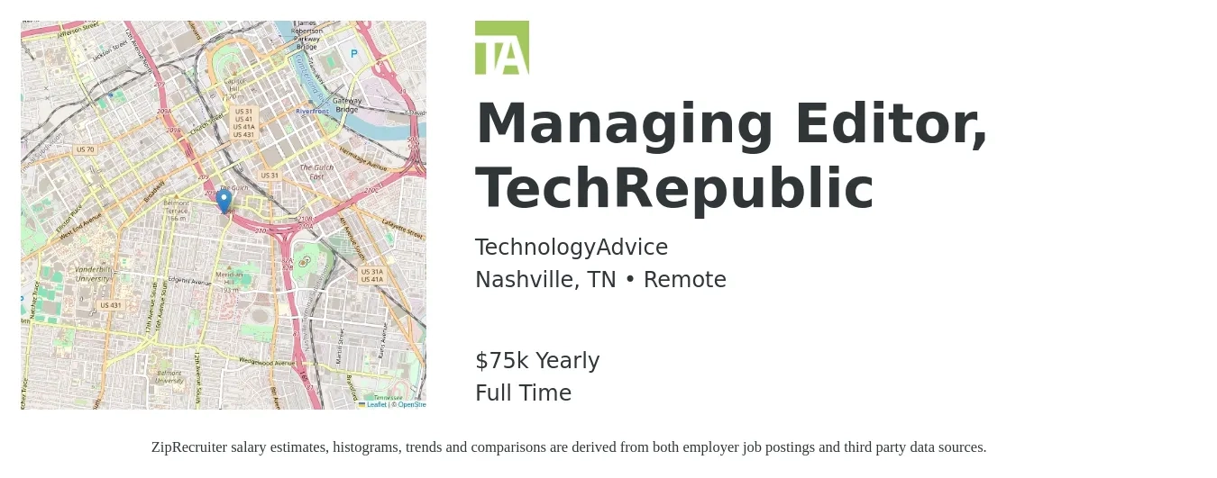 TechnologyAdvice job posting for a Managing Editor, TechRepublic in Nashville, TN with a salary of $47,800 to $90,800 Yearly with a map of Nashville location.