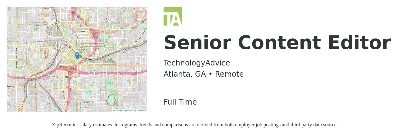 TechnologyAdvice job posting for a Senior Content Editor in Atlanta, GA with a salary of $62,500 to $100,500 Yearly with a map of Atlanta location.
