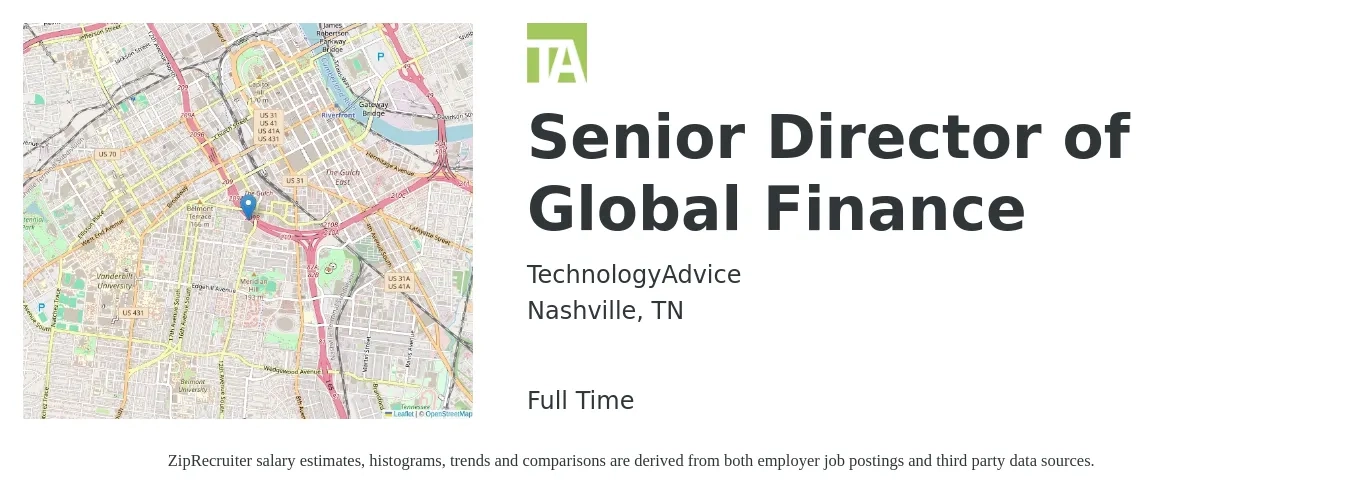 TechnologyAdvice job posting for a Senior Director of Global Finance in Nashville, TN with a salary of $118,800 to $169,000 Yearly with a map of Nashville location.