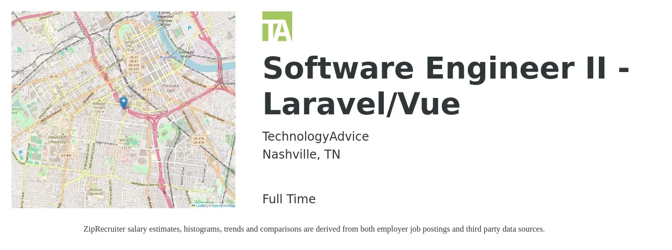 TechnologyAdvice job posting for a Software Engineer II - Laravel/Vue in Nashville, TN with a salary of $94,200 to $128,900 Yearly with a map of Nashville location.