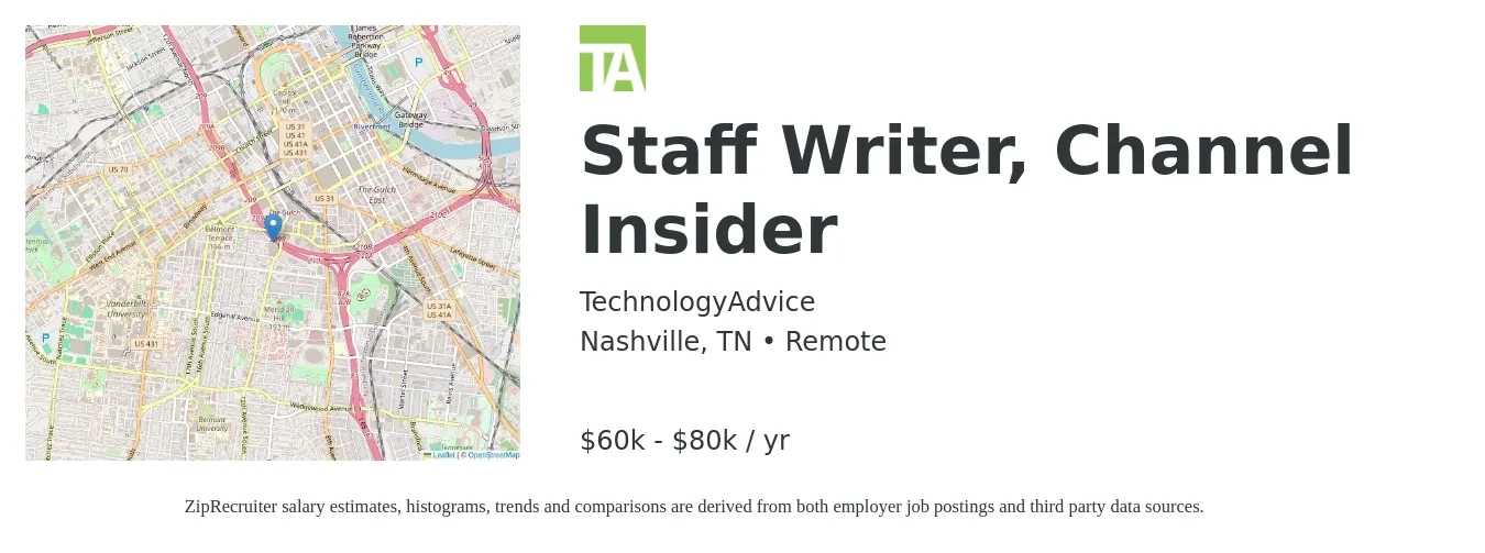 TechnologyAdvice job posting for a Staff Writer, Channel Insider in Nashville, TN with a salary of $60,000 to $80,000 Yearly with a map of Nashville location.