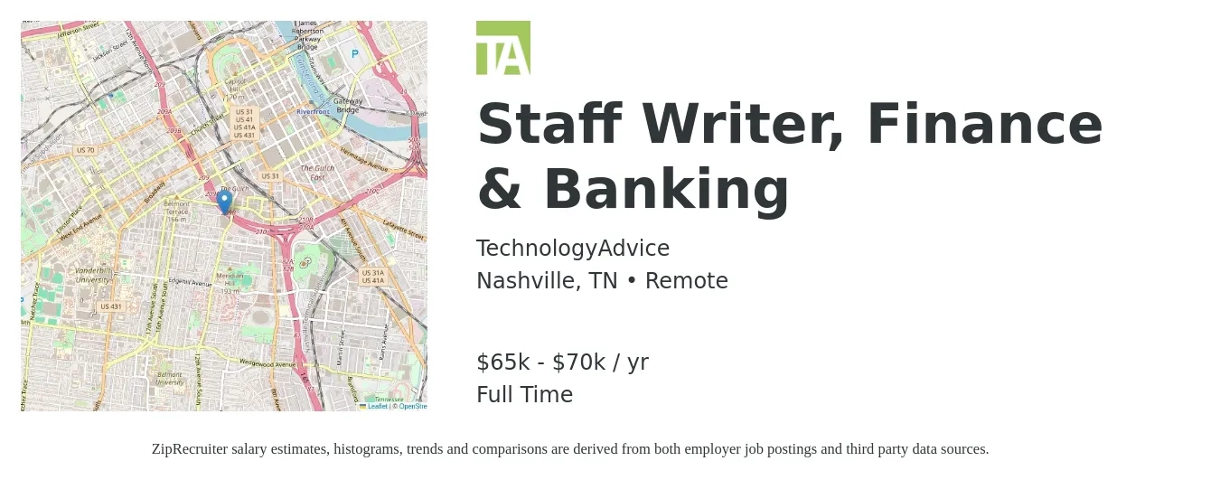 TechnologyAdvice job posting for a Staff Writer, Finance & Banking in Nashville, TN with a salary of $65,000 to $70,000 Yearly with a map of Nashville location.