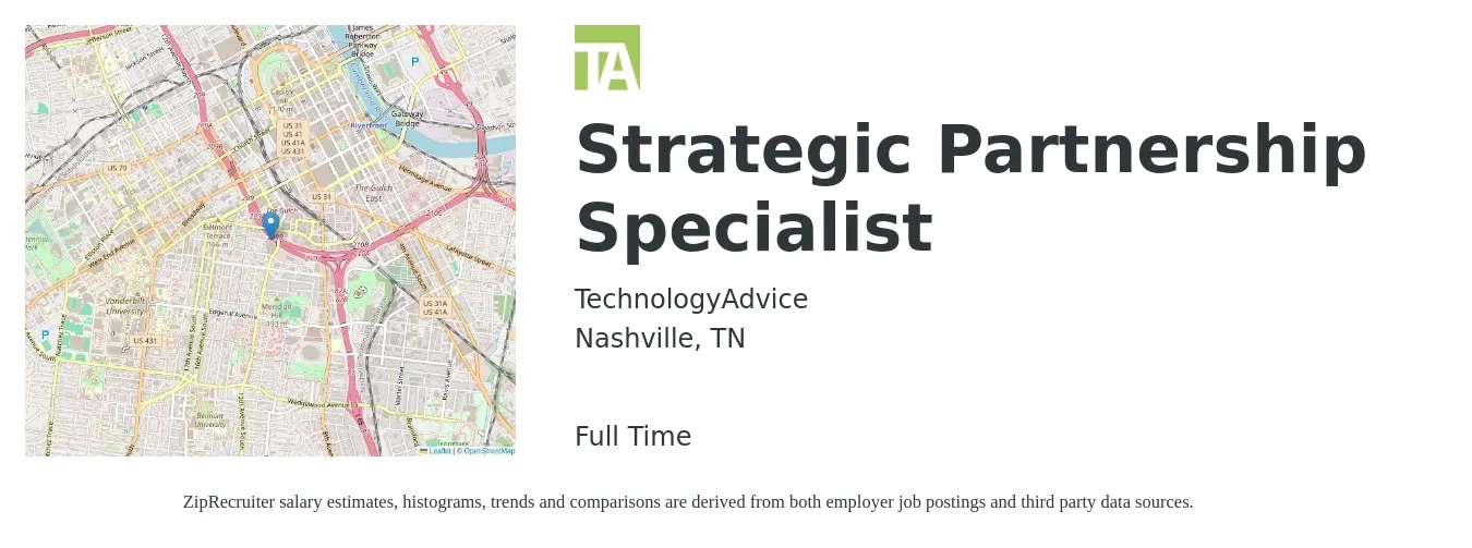 TechnologyAdvice job posting for a Strategic Partnership Specialist in Nashville, TN with a salary of $65,700 to $83,500 Yearly with a map of Nashville location.