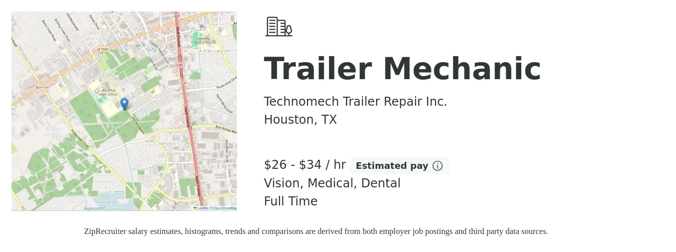 Technomech Trailer Repair Inc. job posting for a Trailer Mechanic in Houston, TX with a salary of $28 to $36 Hourly and benefits including dental, life_insurance, medical, pto, and vision with a map of Houston location.