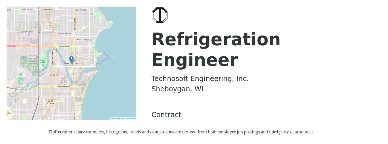 Technosoft Engineering, Inc. job posting for a Refrigeration Engineer in Sheboygan, WI with a salary of $72,300 to $99,700 Yearly with a map of Sheboygan location.