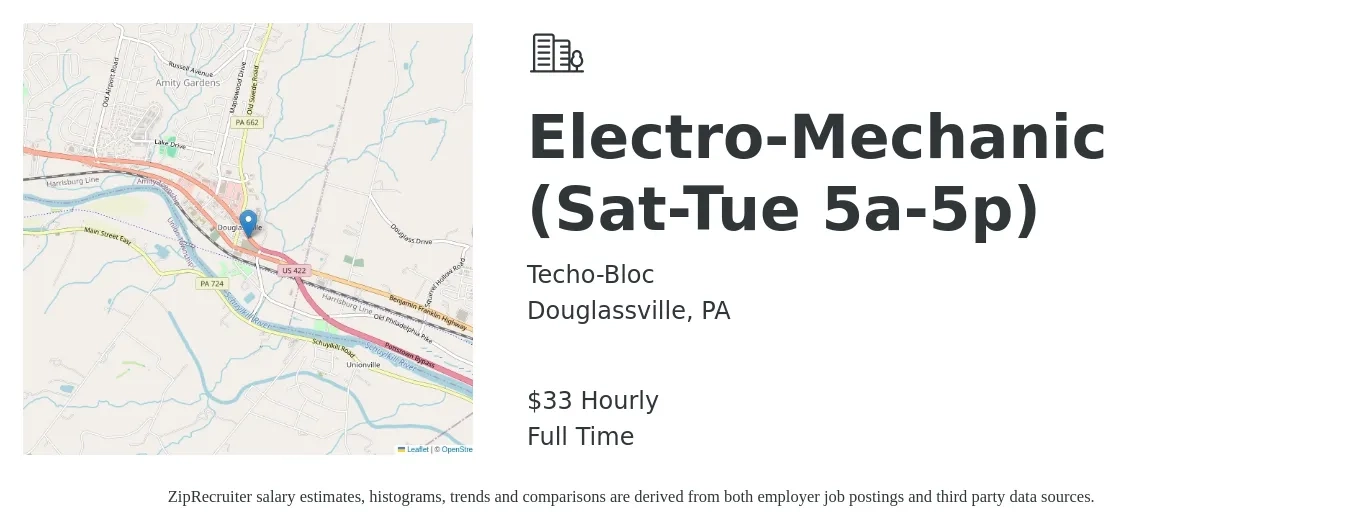 Techo-Bloc job posting for a Electro-Mechanic (Sat-Tue 5a-5p) in Douglassville, PA with a salary of $35 Hourly with a map of Douglassville location.