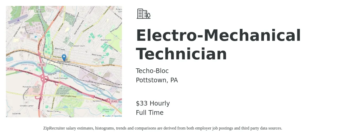 Techo-Bloc job posting for a Electro-Mechanical Technician in Pottstown, PA with a salary of $35 Hourly with a map of Pottstown location.
