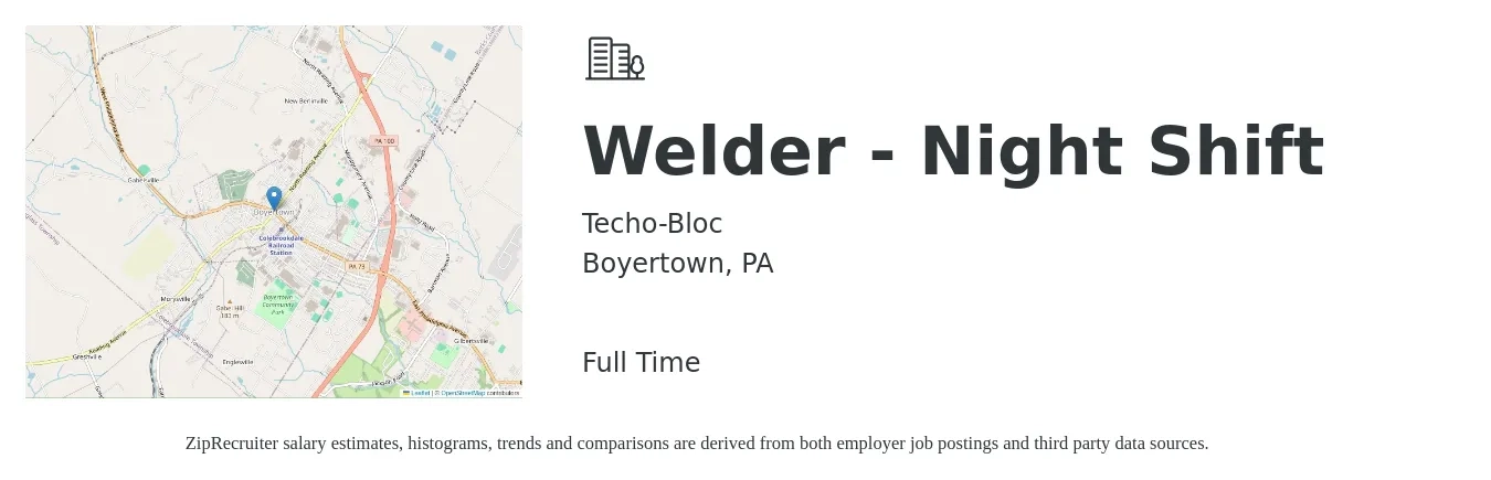 Techo-Bloc job posting for a Welder - Night Shift in Boyertown, PA with a salary of $19 to $25 Hourly with a map of Boyertown location.