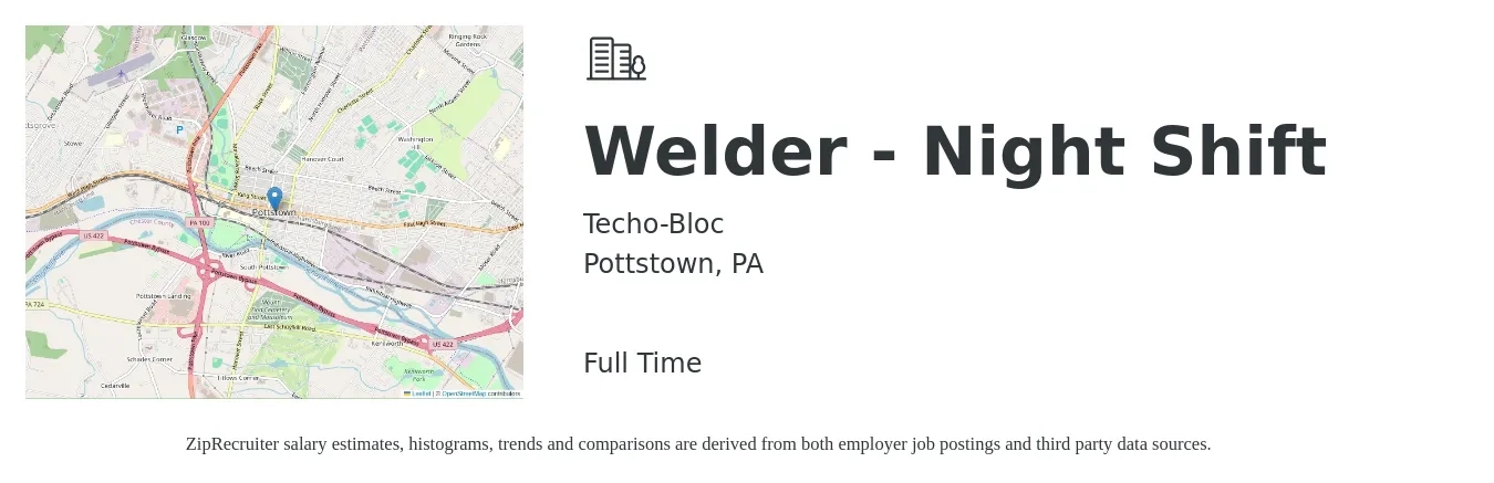 Techo-Bloc job posting for a Welder - Night Shift in Pottstown, PA with a salary of $19 to $25 Hourly with a map of Pottstown location.