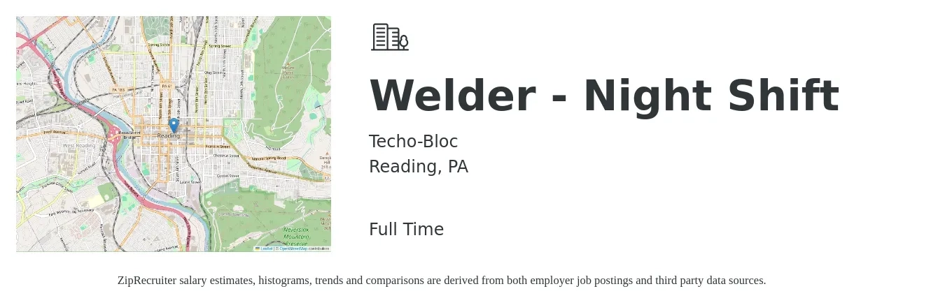 Techo-Bloc job posting for a Welder - Night Shift in Reading, PA with a salary of $19 to $25 Hourly with a map of Reading location.