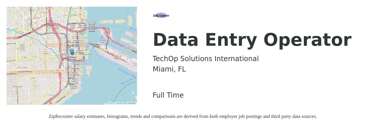 TechOp Solutions International job posting for a Data Entry Operator in Miami, FL with a salary of $15 to $21 Hourly with a map of Miami location.