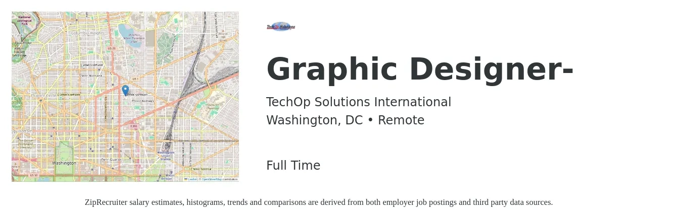 TechOp Solutions International job posting for a Graphic Designer- in Washington, DC with a salary of $24 to $37 Hourly with a map of Washington location.
