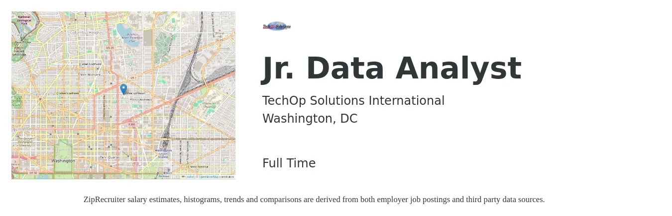 TechOp Solutions International job posting for a Jr. Data Analyst in Washington, DC with a salary of $64,600 to $92,300 Yearly with a map of Washington location.