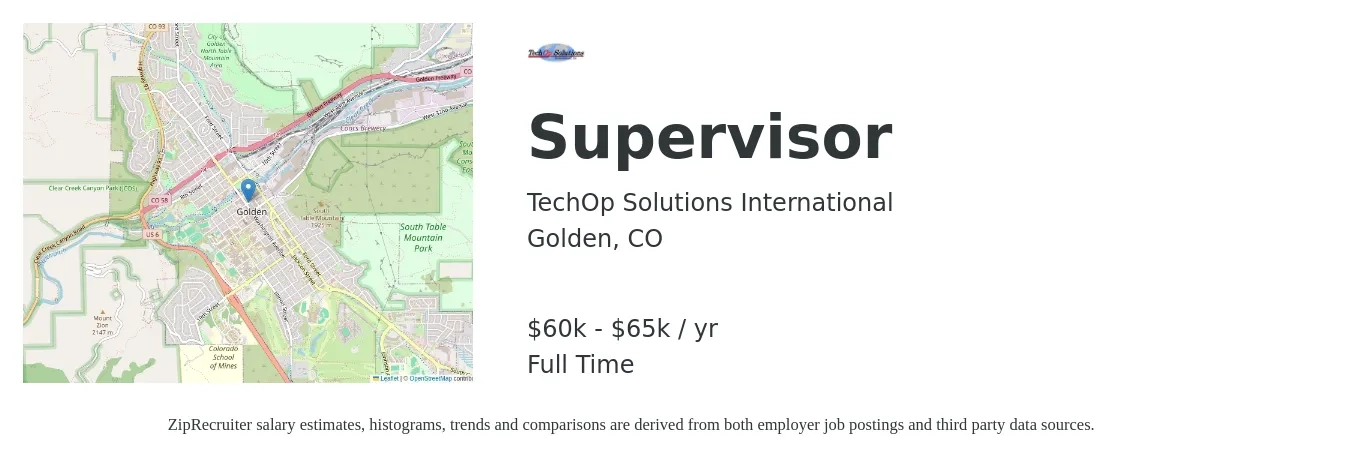 TechOp Solutions International job posting for a Supervisor in Golden, CO with a salary of $60,000 to $65,000 Yearly with a map of Golden location.