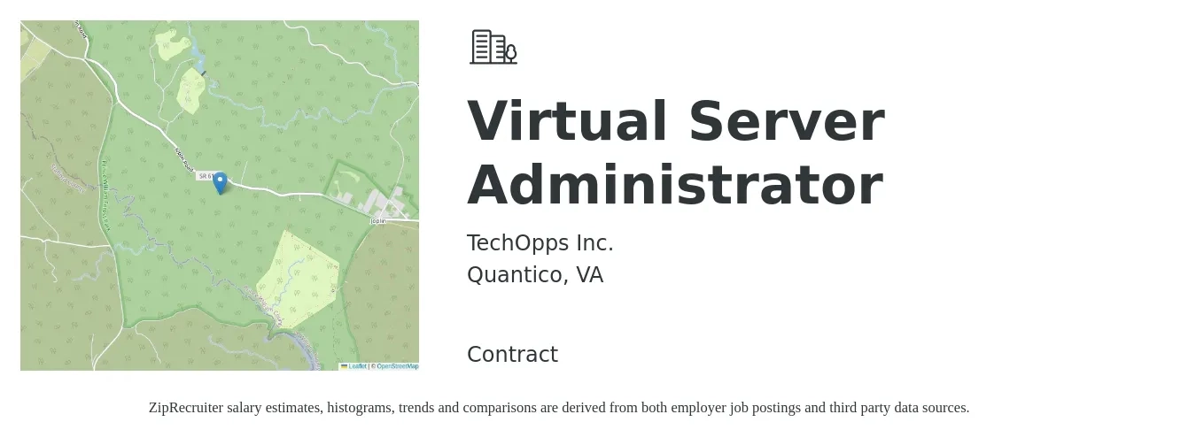 TechOpps Inc. job posting for a Virtual Server Administrator in Quantico, VA with a salary of $38 to $58 Hourly with a map of Quantico location.