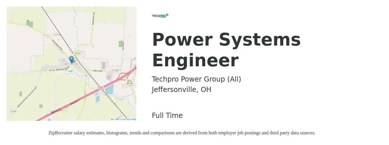 Techpro Power Group (All) job posting for a Power Systems Engineer in Jeffersonville, OH with a salary of $92,400 to $126,400 Yearly with a map of Jeffersonville location.