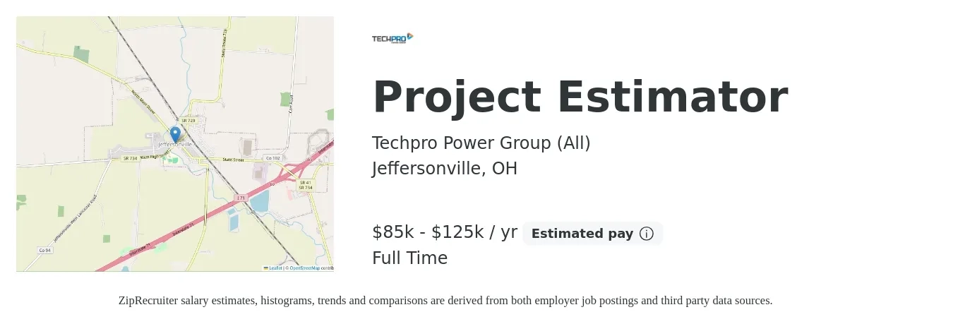 Techpro Power Group (All) job posting for a Project Estimator in Jeffersonville, OH with a salary of $85,000 to $125,000 Yearly with a map of Jeffersonville location.