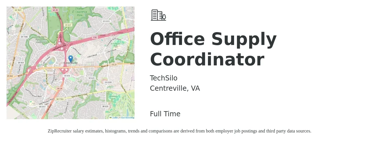 TechSilo job posting for a Office Supply Coordinator in Centreville, VA with a salary of $18 to $24 Hourly with a map of Centreville location.