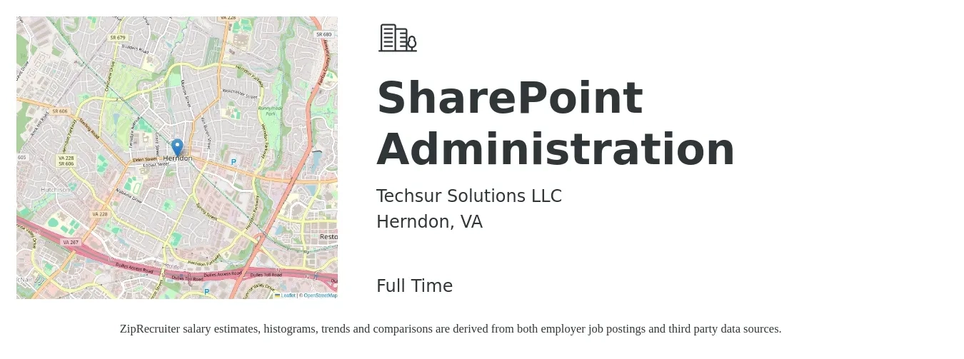 Techsur Solutions LLC job posting for a SharePoint Administration in Herndon, VA with a salary of $42 to $62 Hourly with a map of Herndon location.